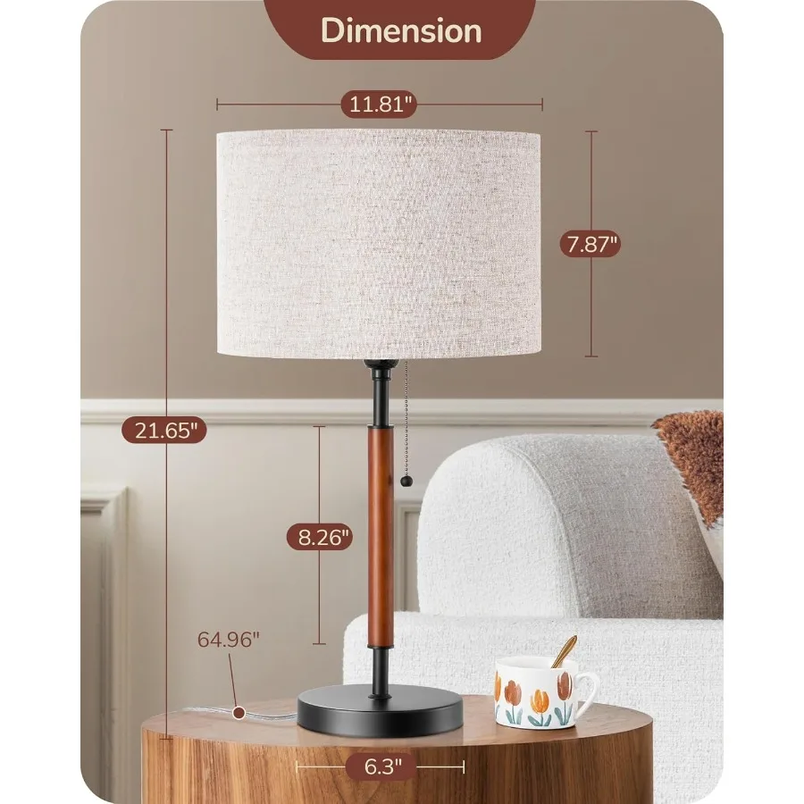 مصباح طاولة منتصف القرن، سلسلة سحب، مصباح بجانب السرير مع غطاء من الكتان، عمود من الخشب الصلب وقاعدة معدنية سوداء، منضدة حديثة L