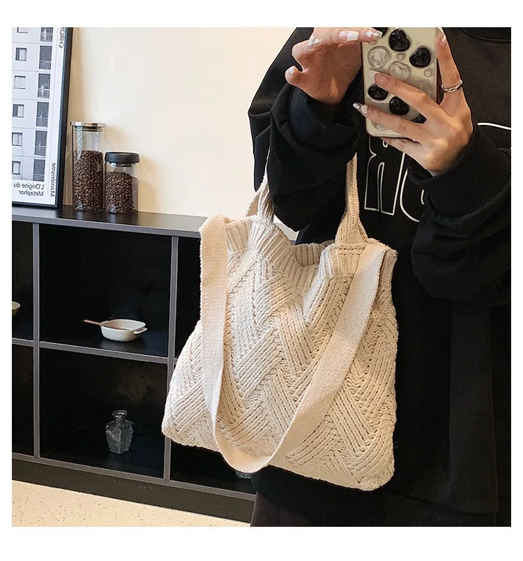 Retro Morandi Color Top Handle Shoulder Bag Knit Tote Striped Vintage French Simple Minimalist Style Trend Crossbody Long Strap