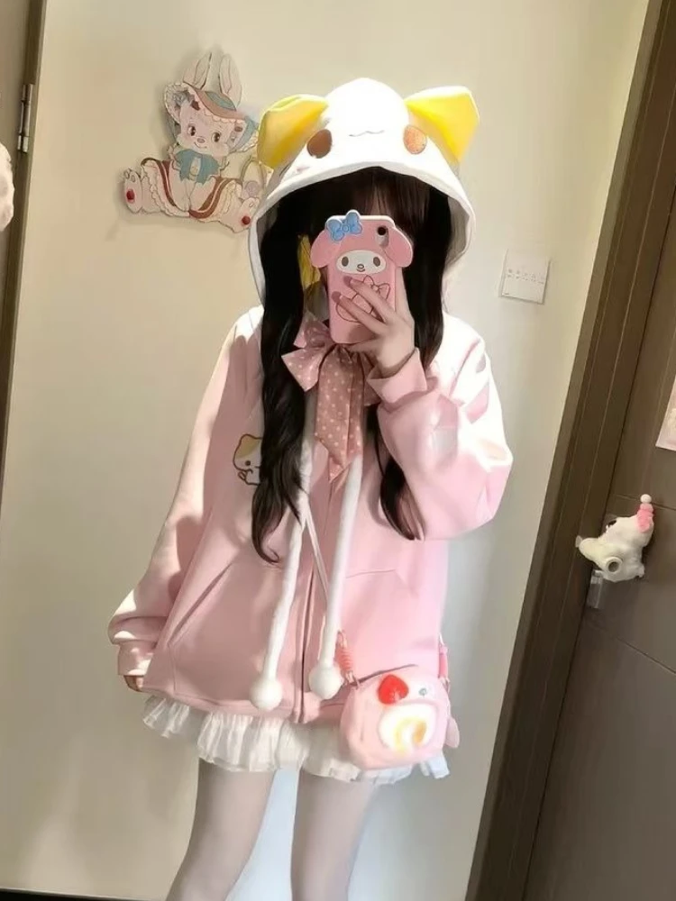 Sudadera con capucha de manga larga Kawaii para mujer, abrigo bonito y holgado de color rosa japonés nuevo, abrigo cálido con bordado bonito de diseño para mujer