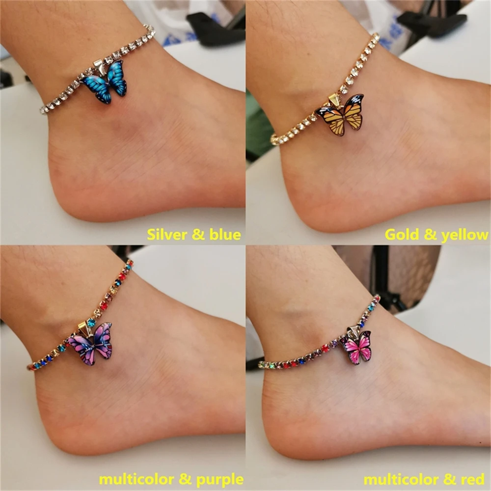 Colorful Rhinestone Butterfly Ankles Bracelet Women Bohemian Leg Chain Summer Beach Foot Jewelry Accessories