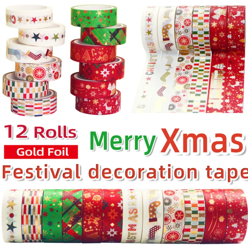 

12 pcs/set Merry Christmas Gilding Festival Washi Tape Set Scrapbooking Diy Journal Stationery Masking Tapes Deco Art Supplies