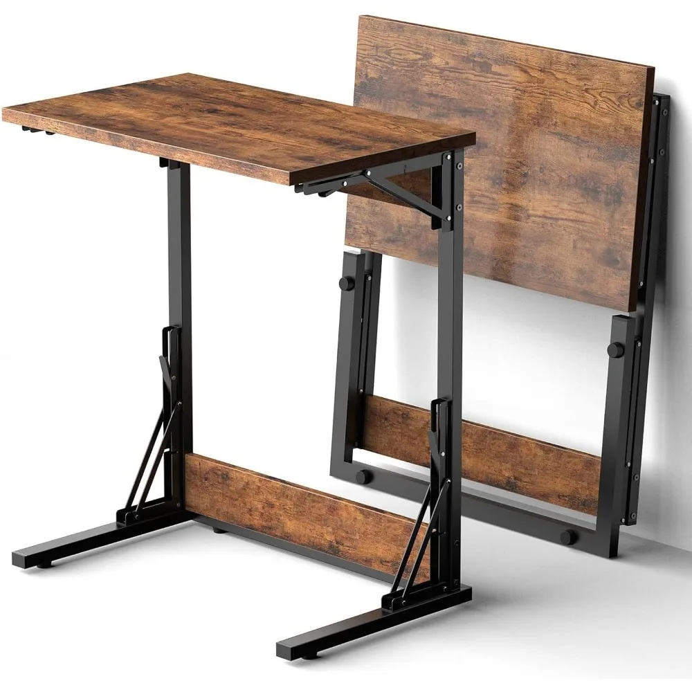 

24 Folding C Shaped End Table Set of 2, Small Sofa Side Laptop Desk, Couch TV Tray Table for Living Room, Bedroom, Rustic