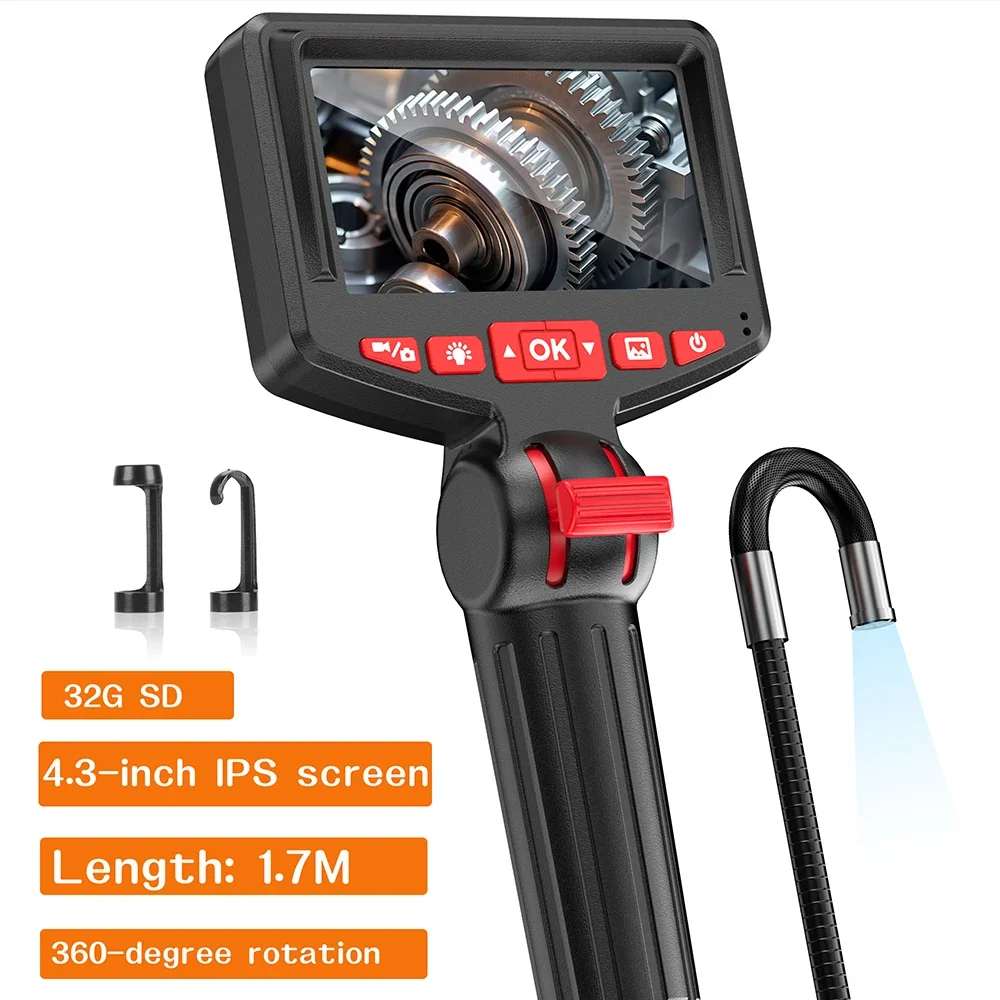 6mm 1.7M Two-Way Rotary 360° Industrial Piping Endoscope Camera Borescope Inspection with 4.3Inch IPS for Automotive Inspection