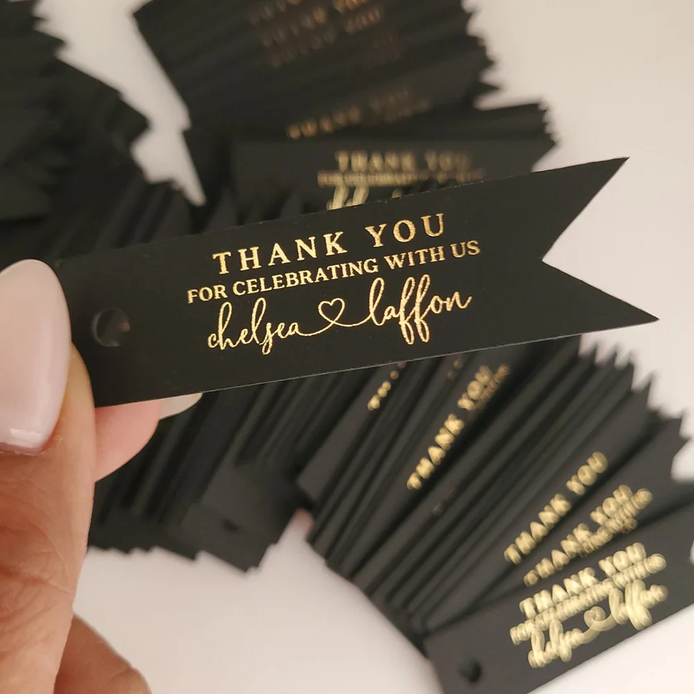 50pcs Personalized Wedding Gold Foil Thank You Tags for Boxes and Gifts White/Black Gold Foiled Welcome Tags Party Favors