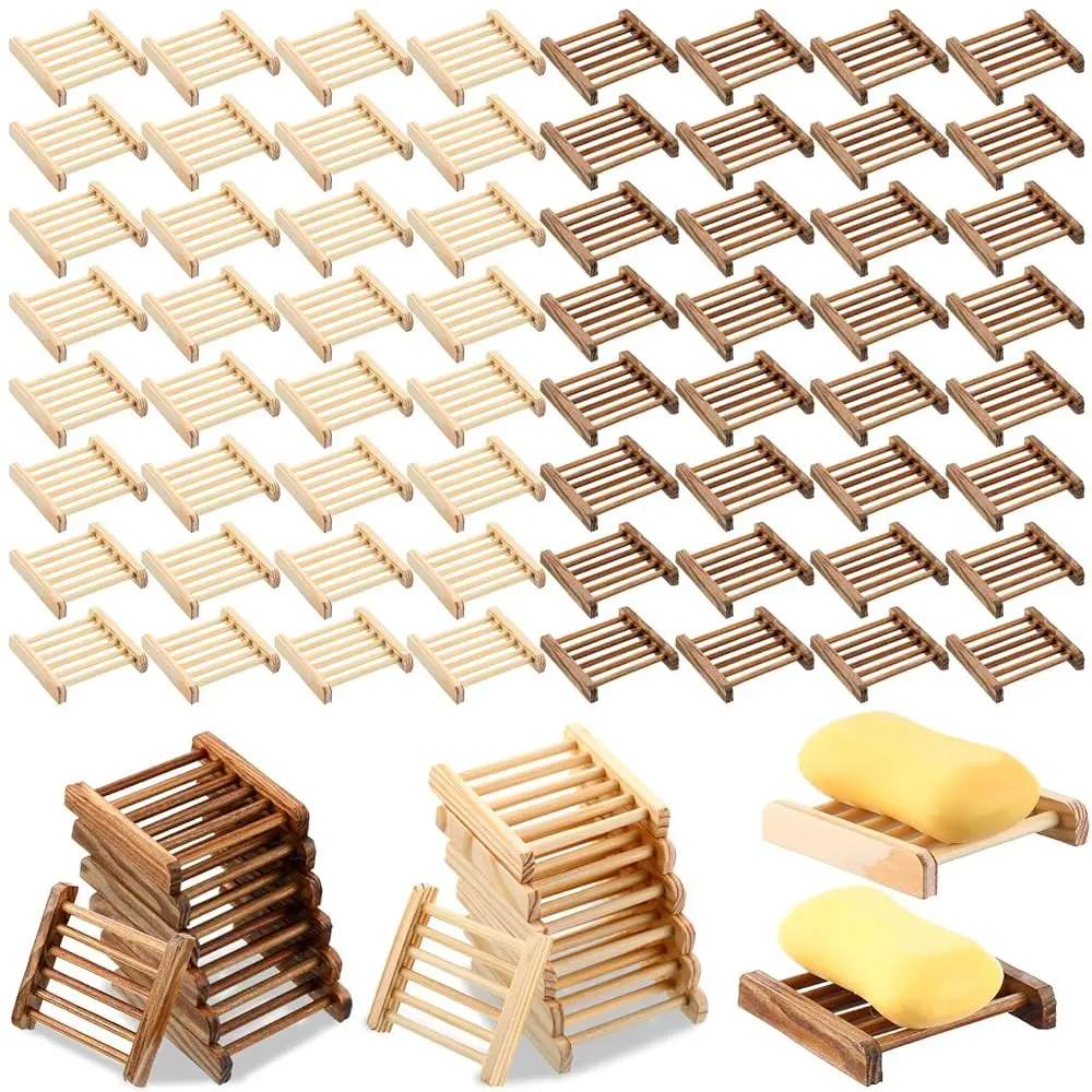 

100 Pcs Bamboo Wood Soap Dish Bulk Bathroom Wooden Soap Holder Savers Self Draining Dishes Handcraft Tray, 3.3 x 3.3 x 0.67