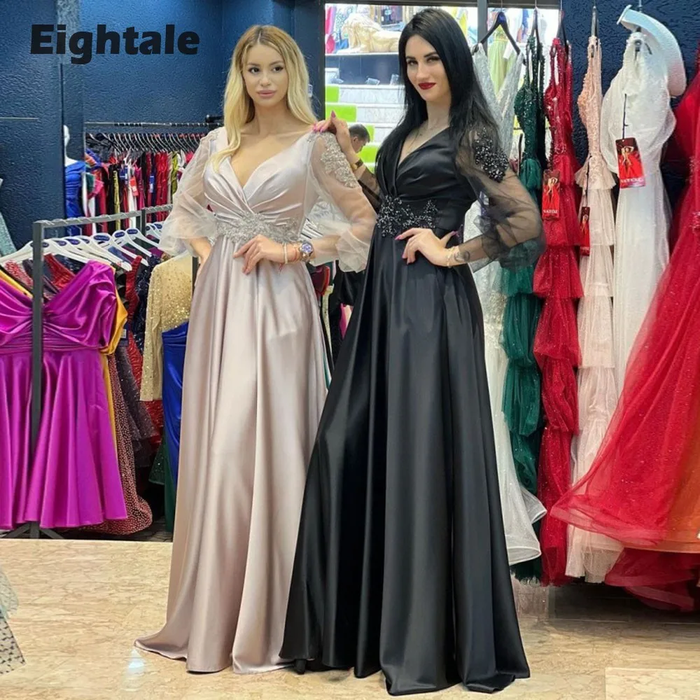 

Eightale Vintage Evening Dresses V-Neck Appliques Beaded Long Puffy Sleeves Formal Prom Wedding Party Gowns Satin Abendkleid