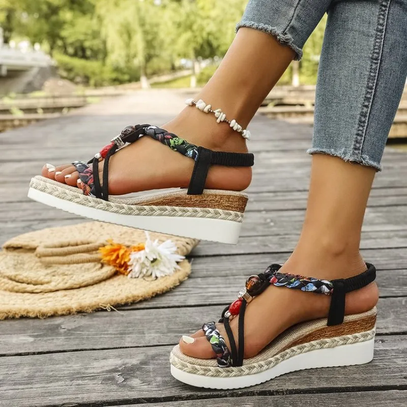 Modische T-Riemen-Plateau-Sandalen für Damen, neue Mischfarben, elastisches Band, Keilsandalen, Damen-Sommer-Sandalen mit offenem Zehenbereich, Sandalias für Frauen – Detail 9