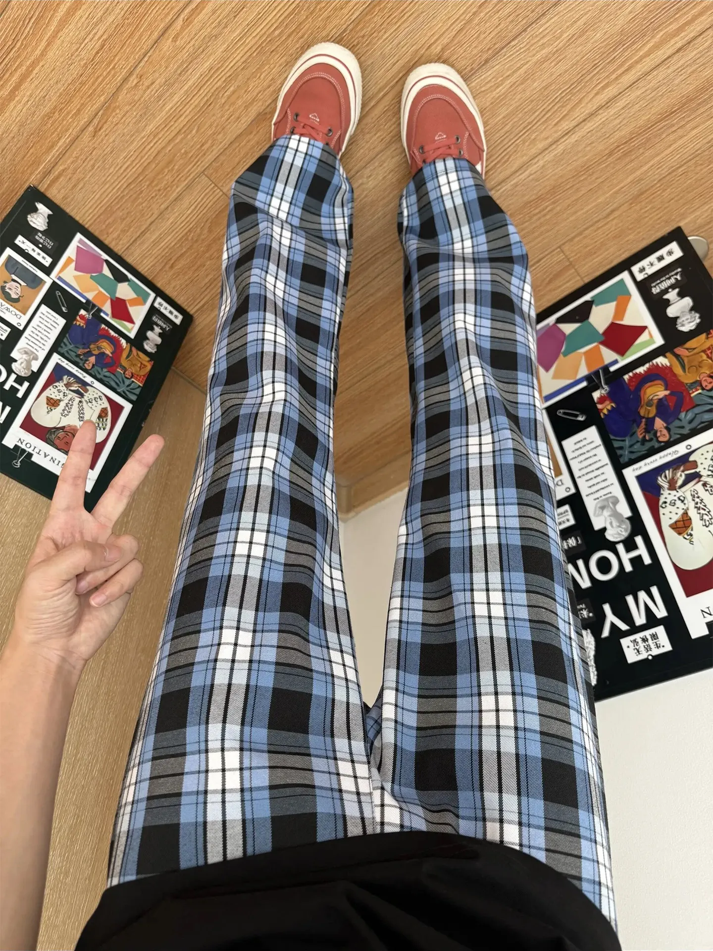 

Blue Embroidered Plaid Pants Straight Leg Casual Sports Summer High Street Micro Flare Men Women American Style Leisure Trousers