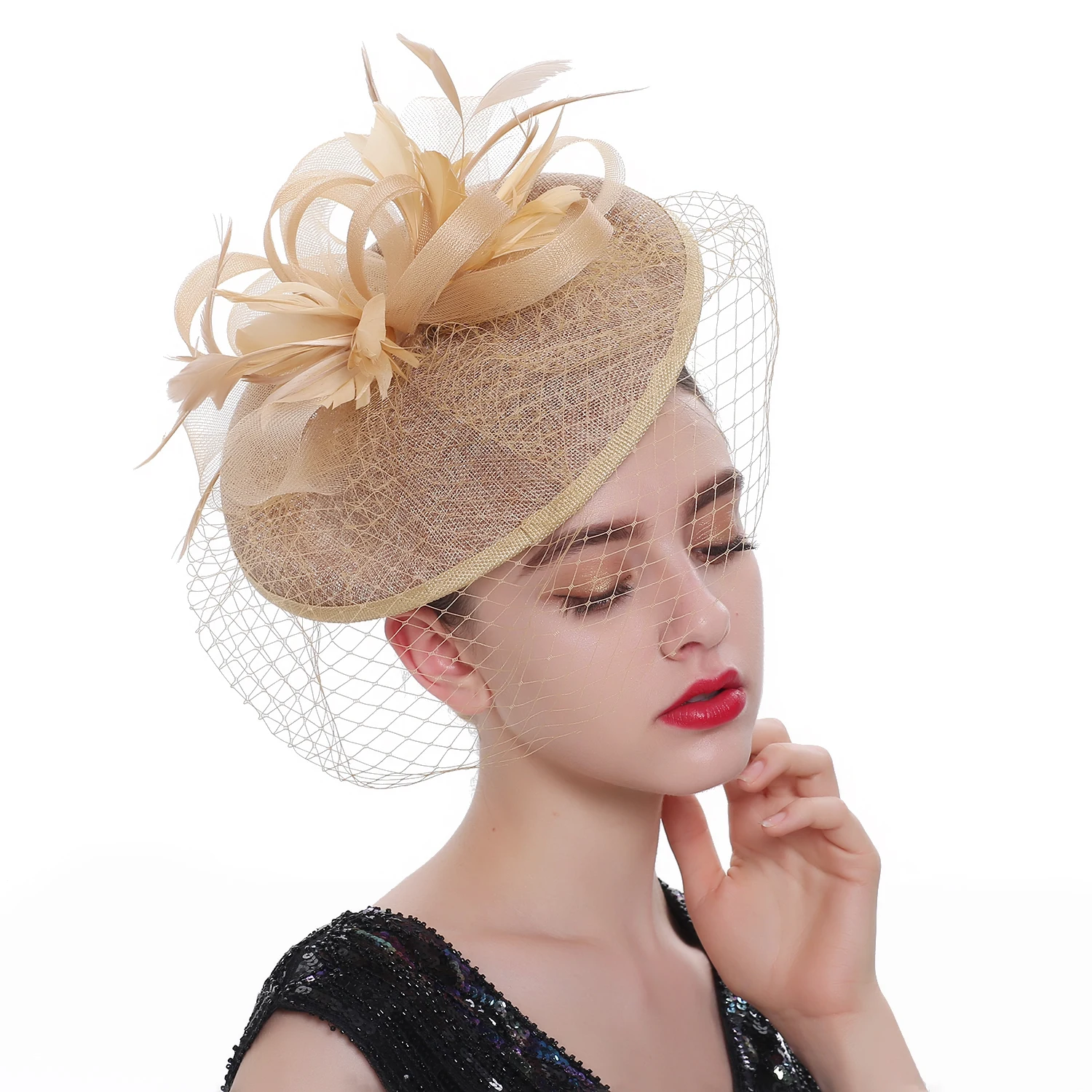 Ciężki splot Sinamay pętli welon i pióro Fascinator formalny kapelusz Kentucky Derby,Ascot, Melbourne Cup, kościół chluba