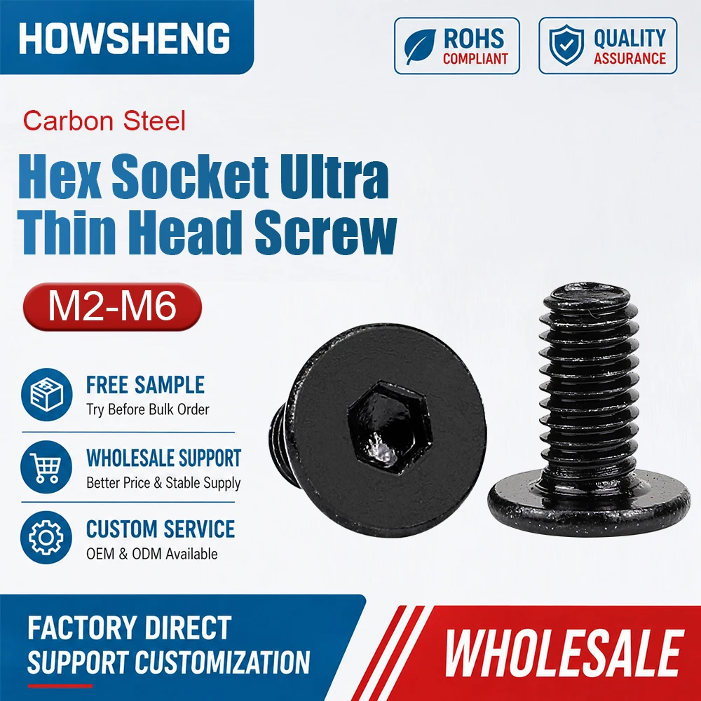 HOWSHENG Black Plated Steel Hex Socket Low Profile Head Screw 10.9 Grade Ultra Thin Wafer Machine Screw M2 M2.5 M3 M4 M5 M6