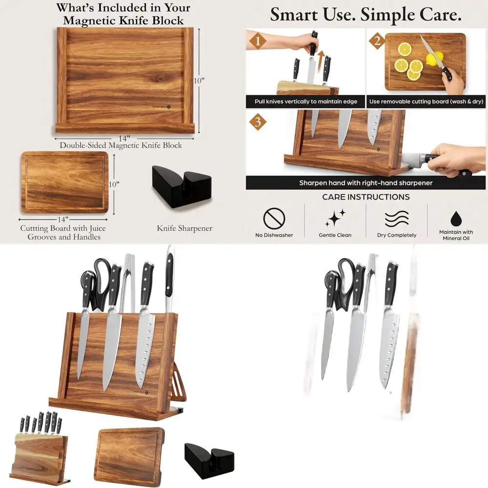 

Магнитный блок ножей 3-в-1 из дерева акации, разделочная доска 14x10, точилка с двусторонним хранилищем