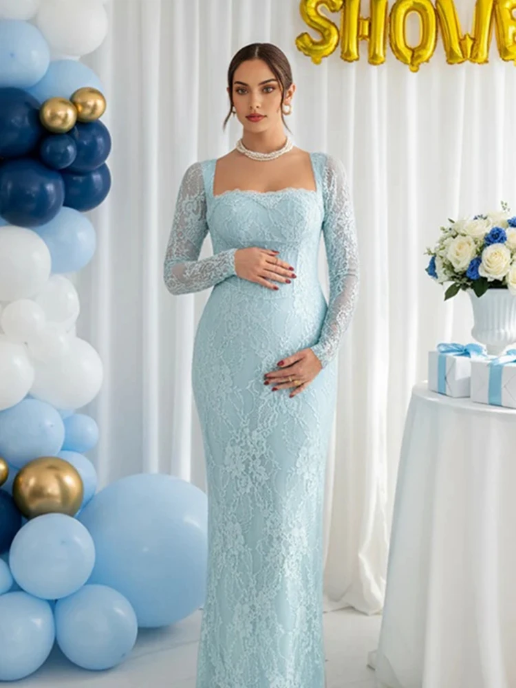 Lace Maternity Photoshoot Dress Long Sleeve See Through Maxi Gown Elegant Pregnancy Outfit Baby Shower Gender Reveal Wear