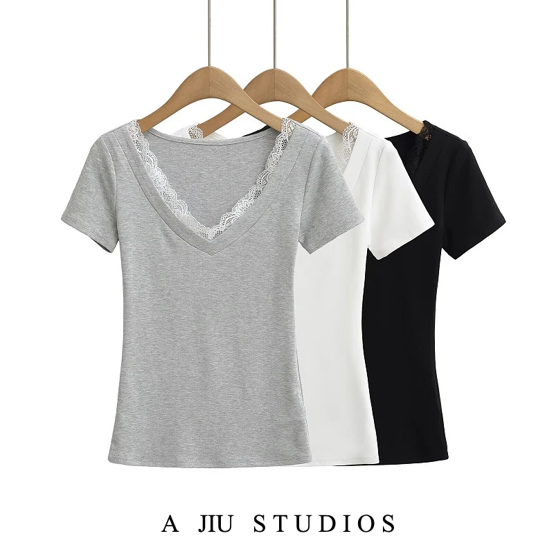 

Pure Desire Sexy Lace Splice ort Sve T-irt Women's Summer Slim Fit Design Sensual Base irt Street Sle Regular Sve