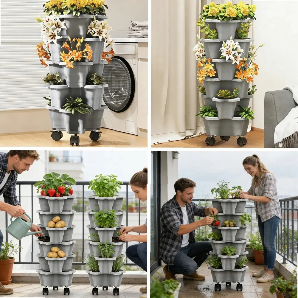 Plant Tower 6-Tier with Wheels Weatherproof Pots Stackable Vertical Planter Tower for Indoor Outdoor Home Yard Patio Raised Bed