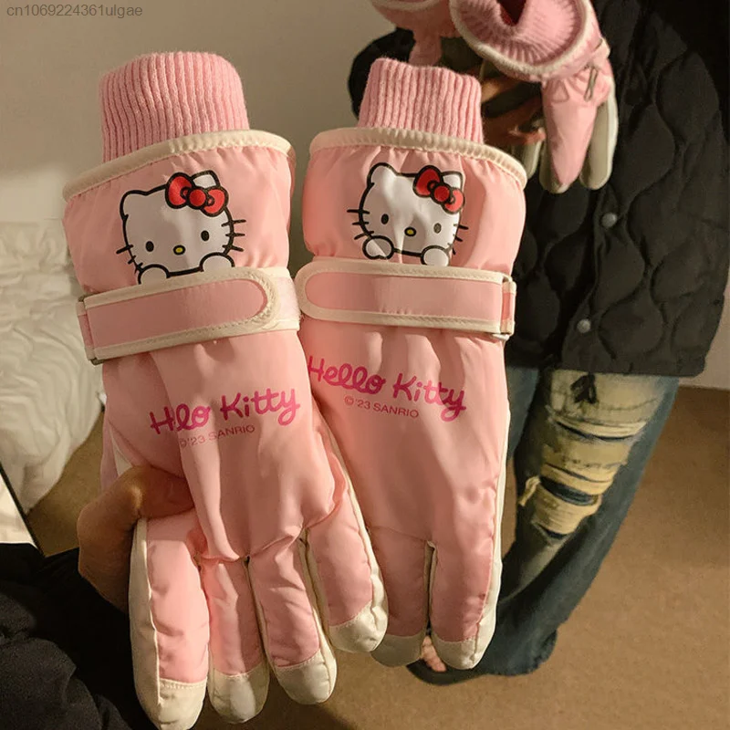 Sanrio Hello Kitty Lovely Cycling Gloves Women Pink Plush Linging Windproof And Warm Glove Girls Gift Y2k Cartoon Cute Mittens