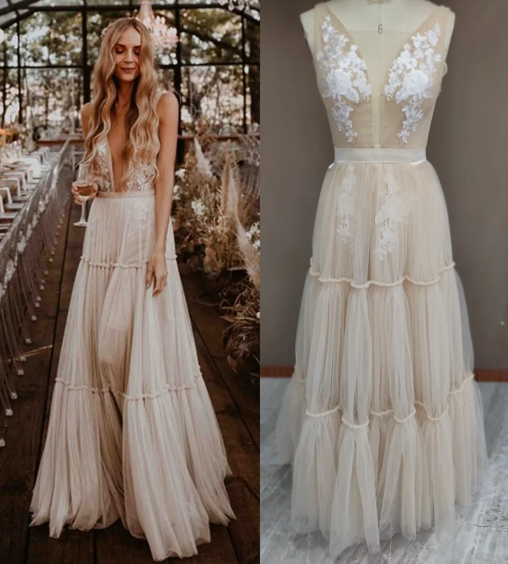 Robe de Mariée Sexy en Dentelle avec Décolmétrage en V Profond, Dos Ouvert, Ligne A, Style Bohème, Longueur au Sol, Photos Réelles Personnalisées 1333 # 100%, 2022