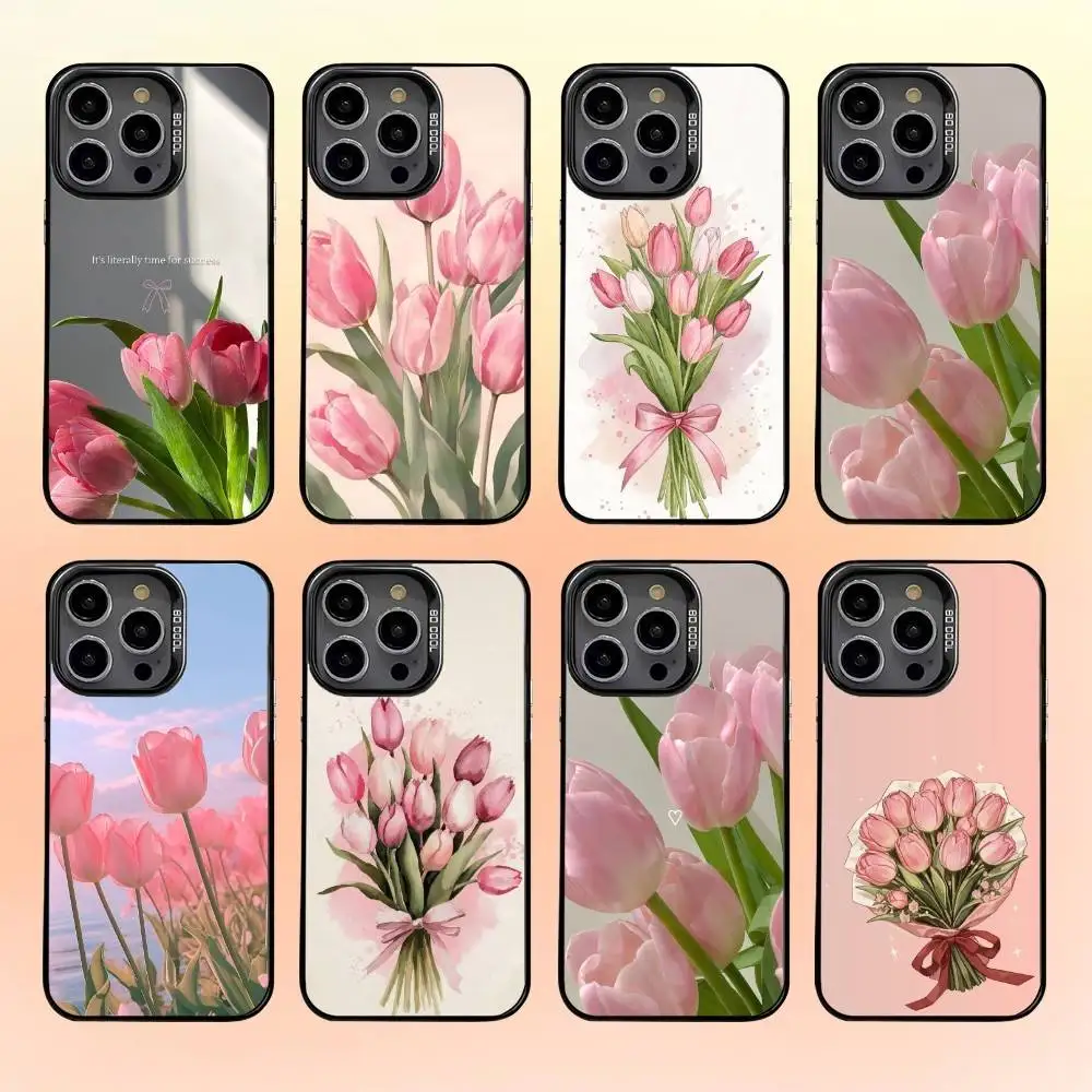 

Pink Tulip Flower Pattern Phone Case For iPhone 16,15,14,13,12,11,Pro,MAX Gray Matte Silicone Black Cover