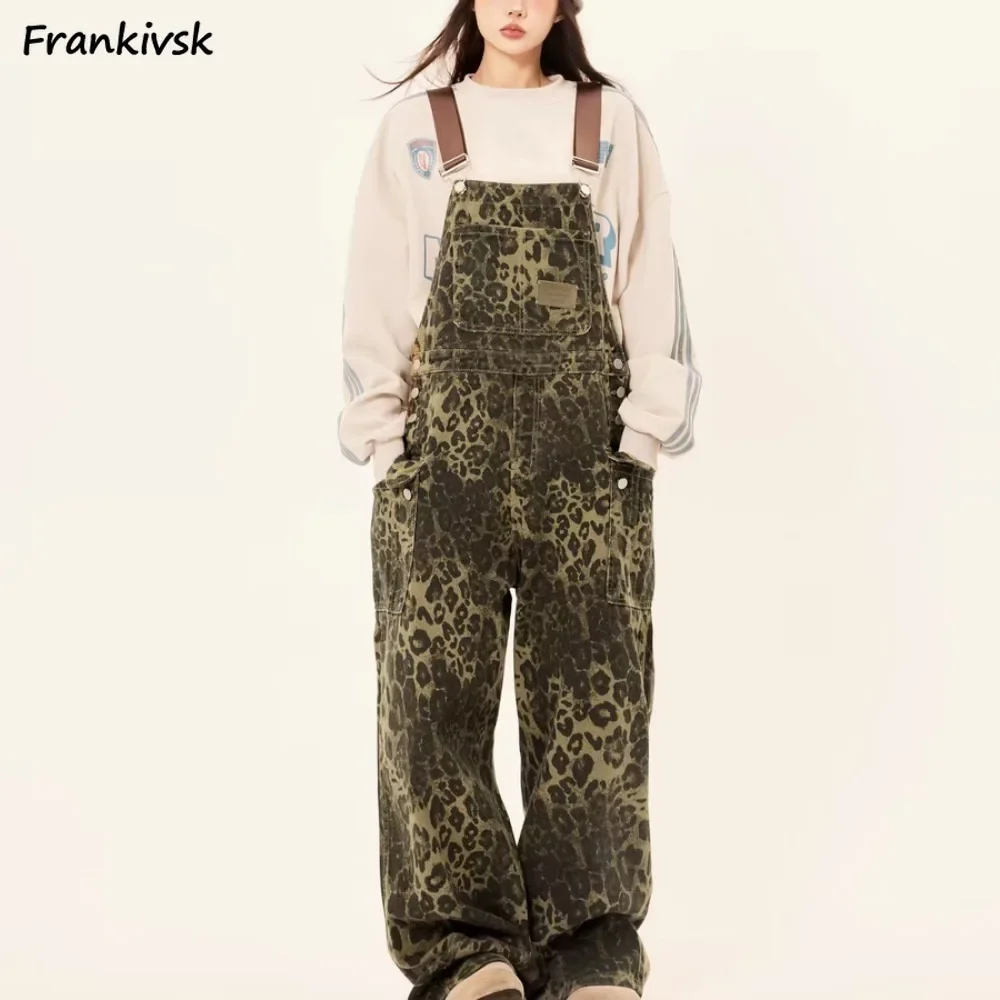 American Style Women Jumpsuits Loose Denim Pockets Spicy Personality Full-length Hot Sale Leopard College Overalls Suspenders