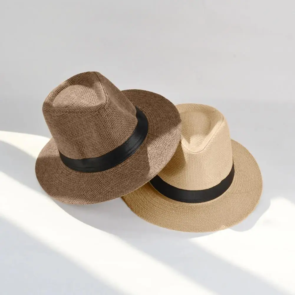 

Band Decor Flat Dome Straw Hat Folding Thin Anti-UV Men Wide Brim Sunscreen Jazz Hat Summer Sun Hats Fashion Accessories