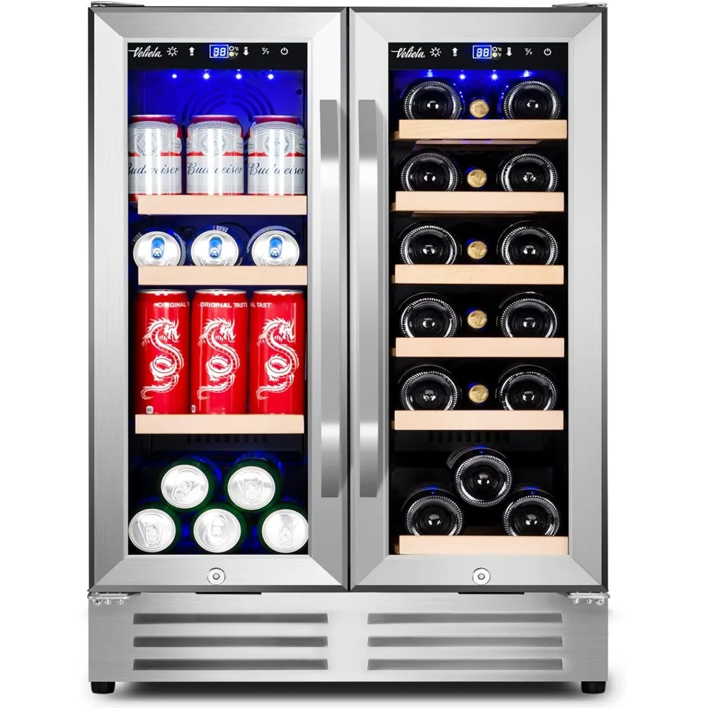 Wine and Beverage Refrigerator, 24 Inch Dual Zone Fridge with Glass Door, Built-In Cooler with Powerful and Quite Cool System