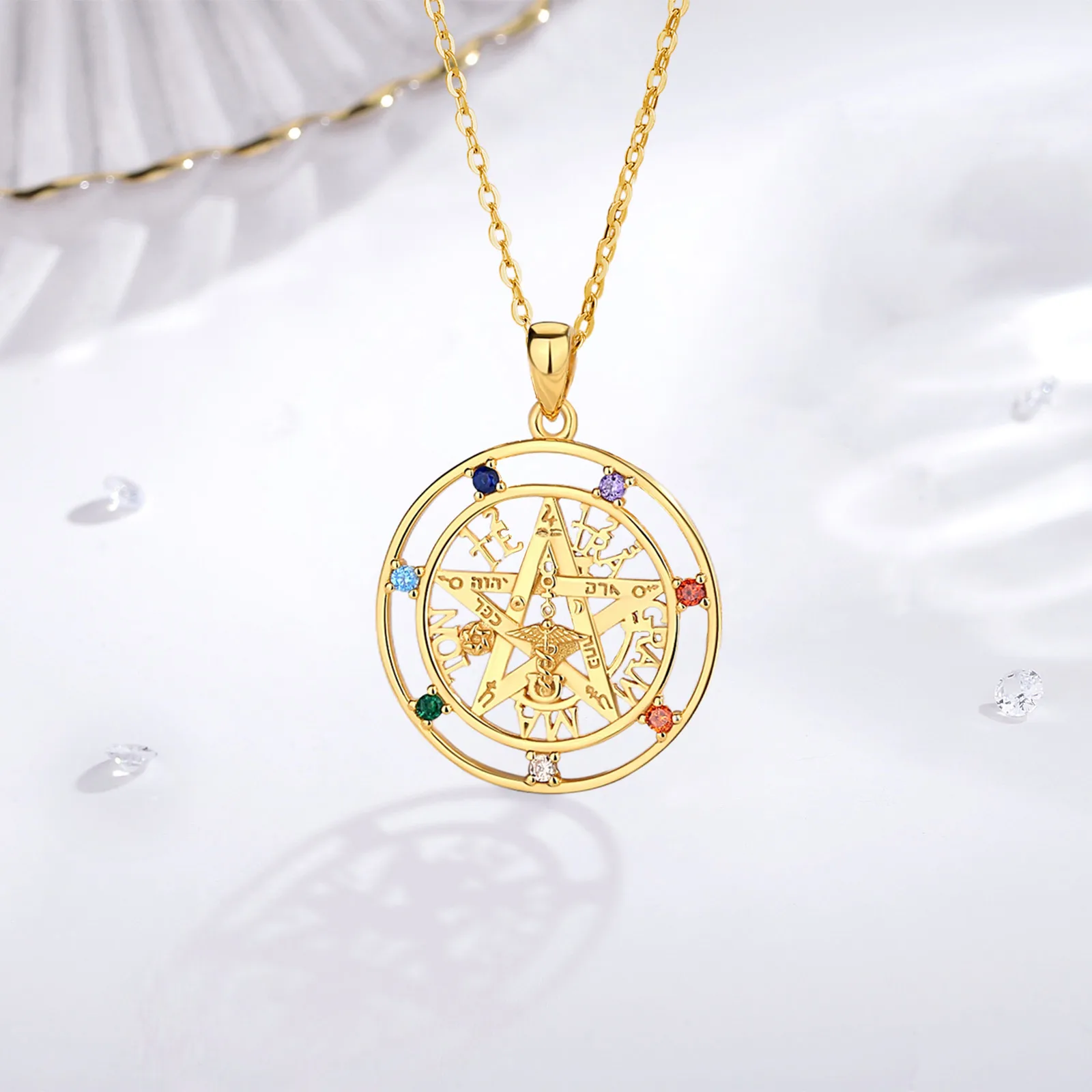 Eudora 925 Sterling Silver Pentagram Naszyjnik dla kobiet Mężczyzna 18K Gold Amulet 7 kolorów Chakra Tetragrammaton Wisiorek Drobna biżuteria