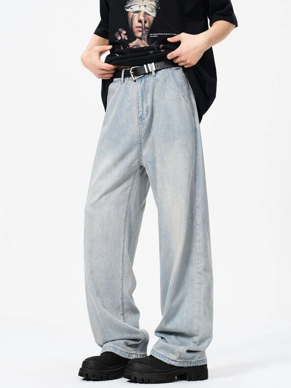 

Laisel Ice Silk Wide Leg Men's Jeans Summer Thin American Retro Light Blue High Waist Drapey Washed Pants Straight Tube Fit