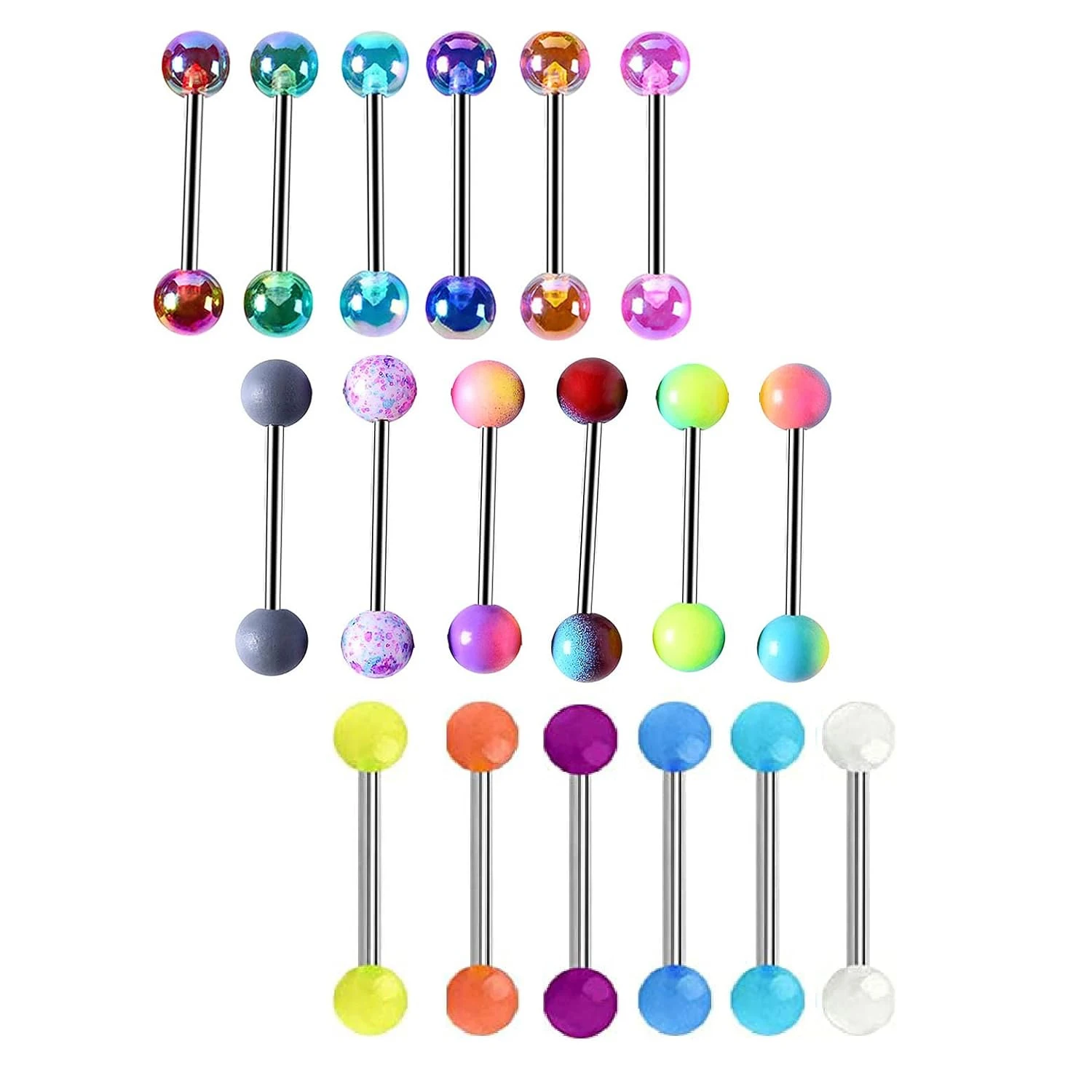 18pcs 14G Colorful Ball Tongue Rings Stainless Steel Barbell Tongue Straight Ring Retainer Nipple Ring Bar Length 16mm For Women