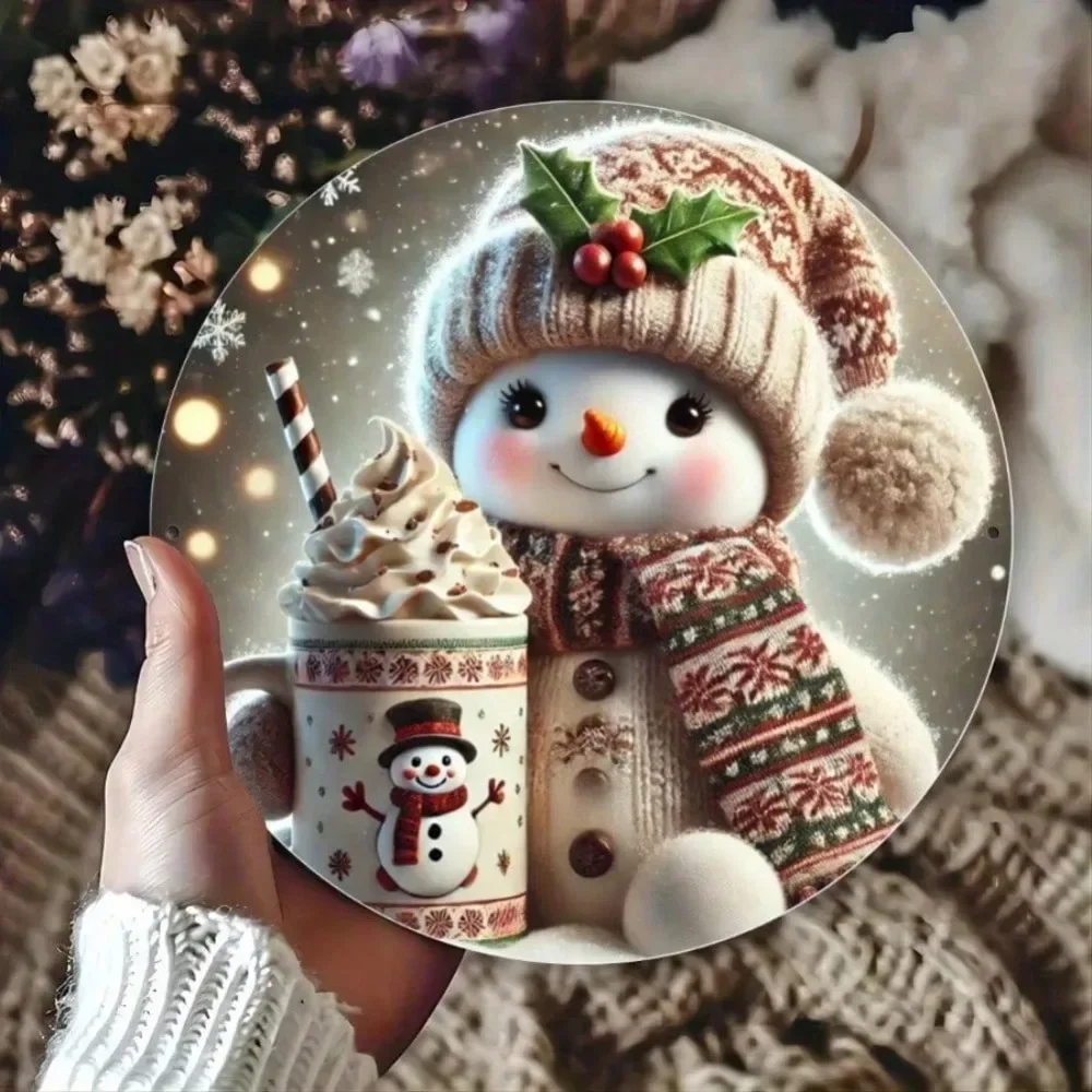Letrero de pared de metal con diseño de muñeco de nieve festivo, chocolate caliente, 8.0 x 8.0 in, decoración navideña para el hogar, cocina, bar, regalo perfecto para amantes del día festivo