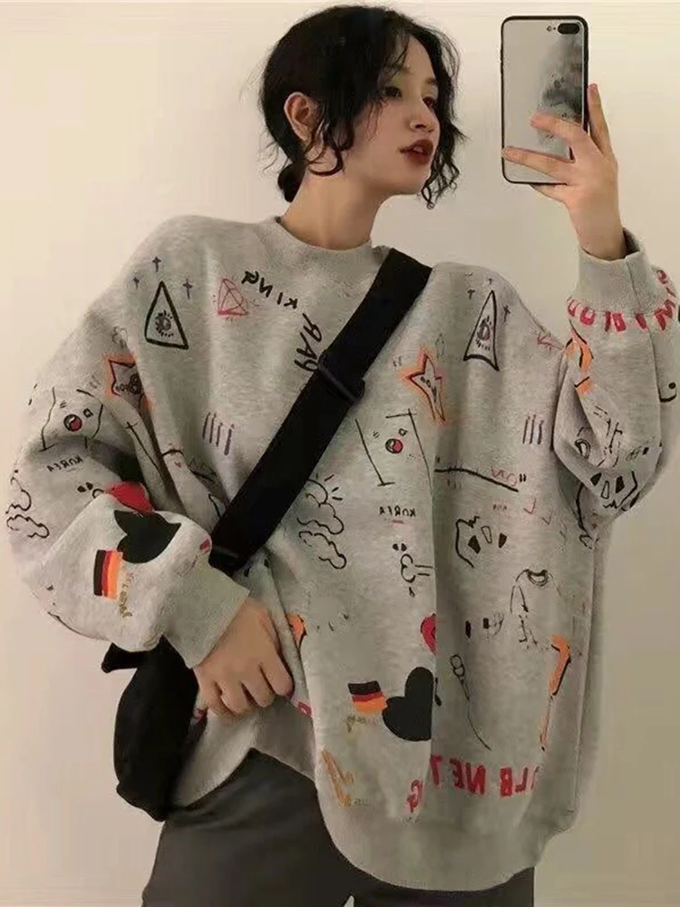 Zoki Cute Harajuku Bf Sweatshirts Casual Kawaii Oversize Loose Tops Women Korean Preppy Style Long Sleeve O Neck Retro Pullover