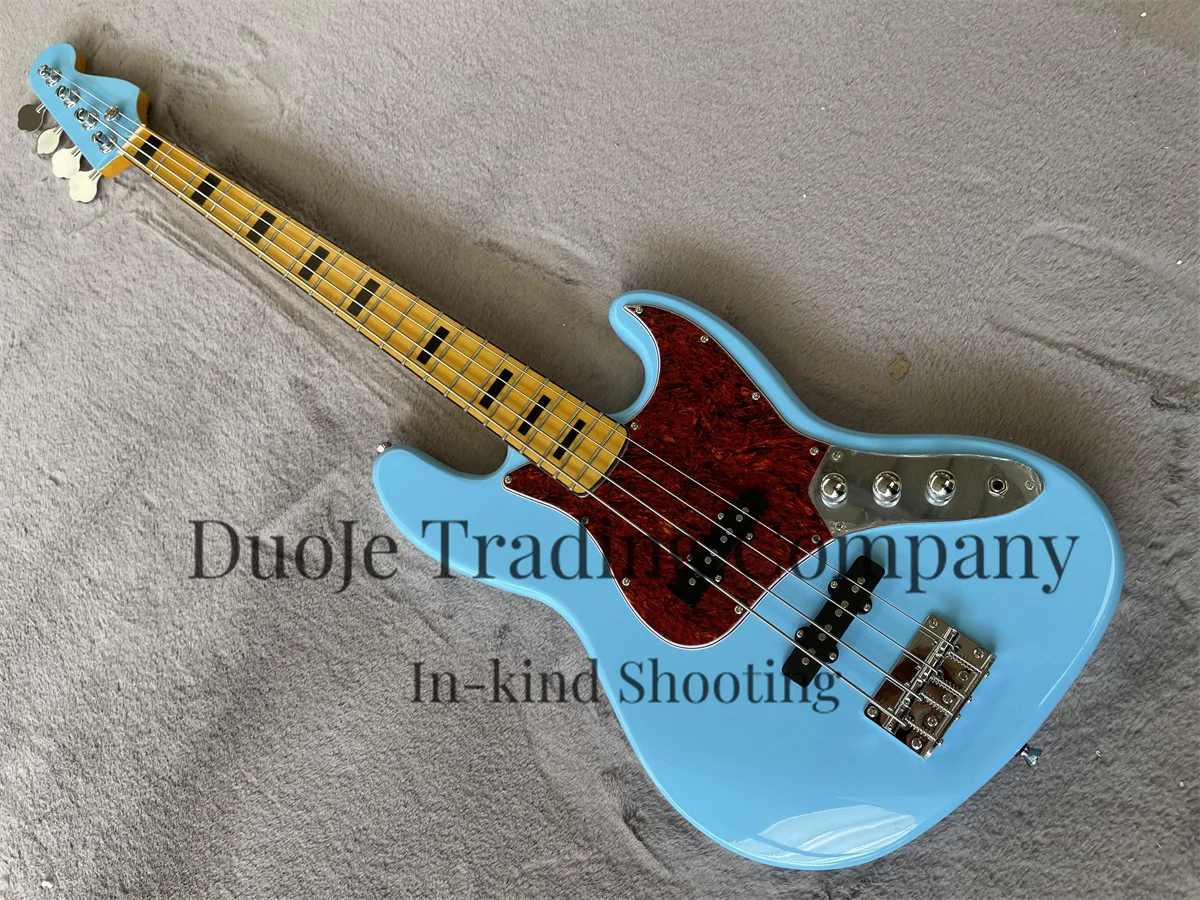 

Blue Electric bass 4-string Jaz bass Yellow Maple fingerboard Black square inlaid guitar head Blue fixed bridge red turtle shell