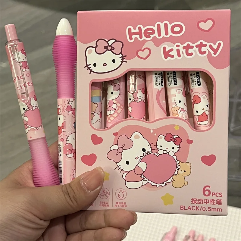 

6Pcs Hello Kitty Neutral Pen Black Scrolling Pen Quick Drying Black Pen Student Supplies Holiday Gift Girl Accessories Wholesale