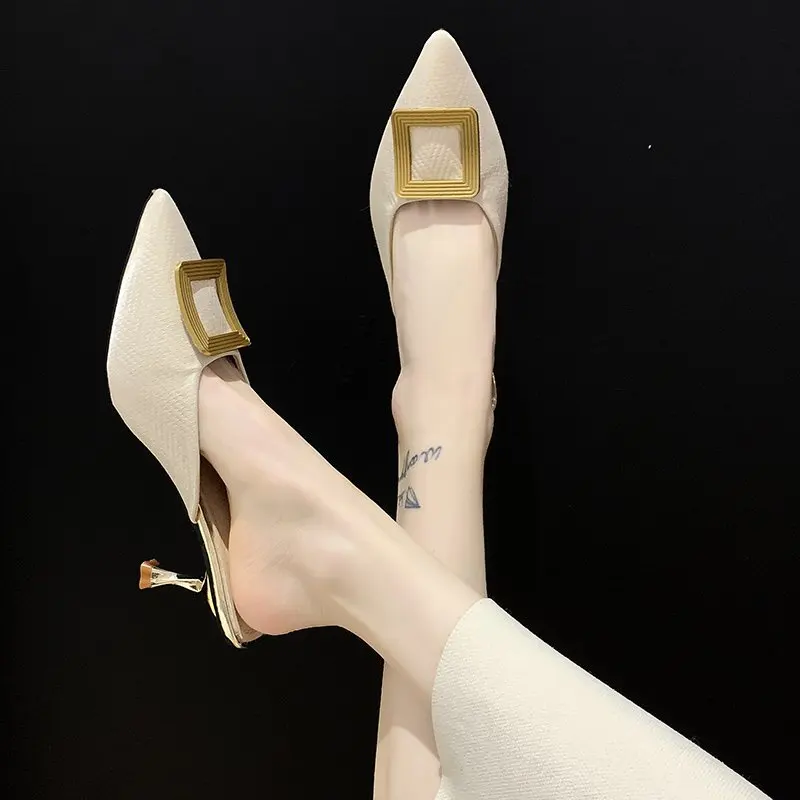 Summer New Style Baotou Metal Square Buckle Slippers Women Fashion Pointed Mid-heel Stiletto Sandals