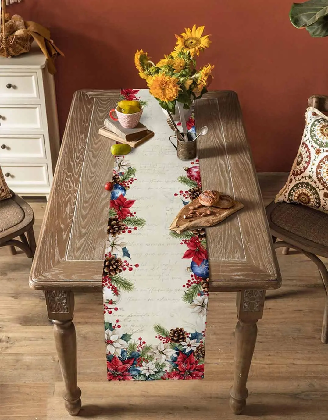 Christmas Poinsettia Ball Pine Cone Table Runner Holiday Party Decor Reusable Kitchen Dining Table Runner Christmas Decorations
