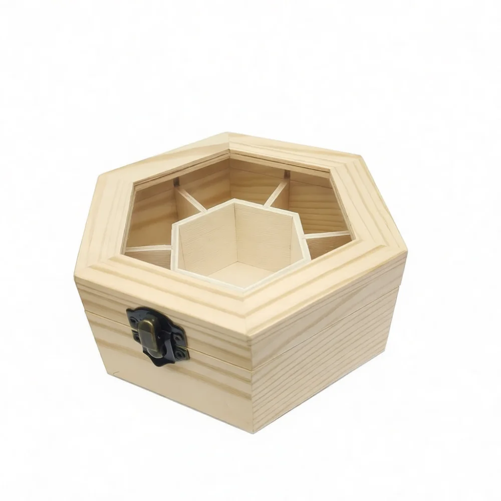 Wooden Jewelry Display Box Geometric Hexagon Case Storage Organizer Trinket Holder For Home Desktop Wedding Souvenir