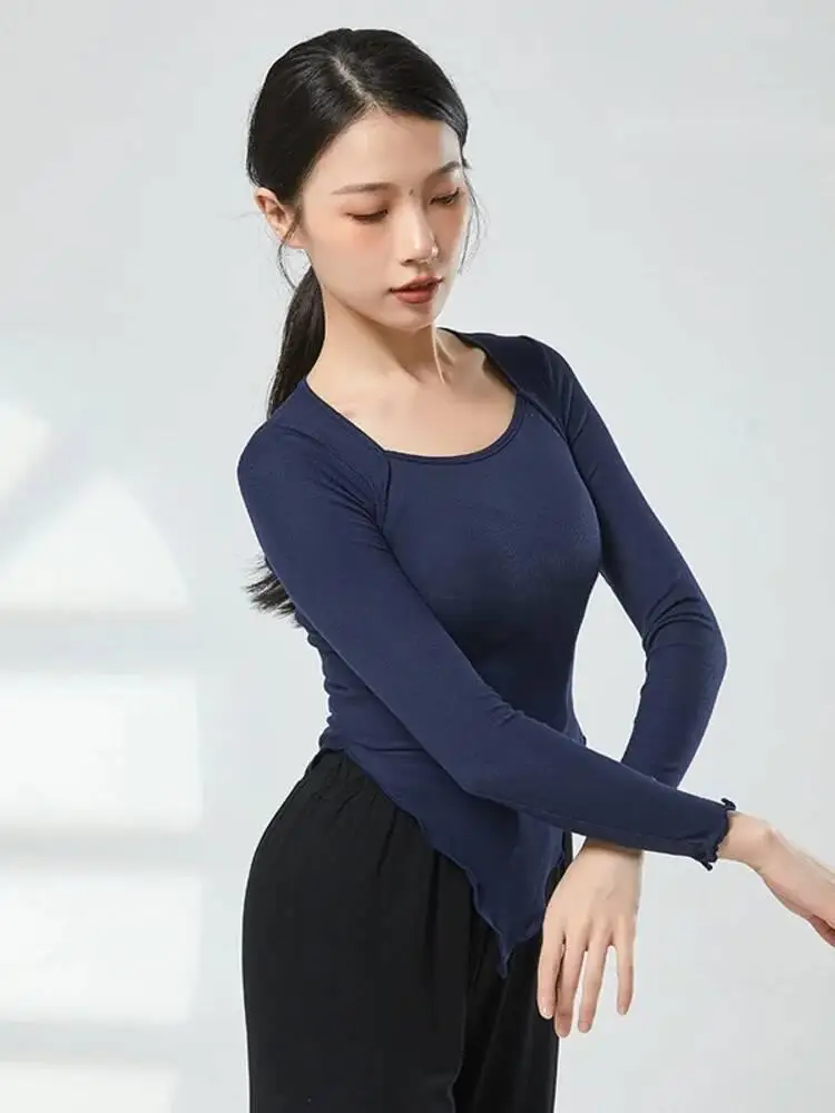 Damska dopasowana koszulka do tańca z kwadratowym dekoltem, jednolita, klasyczny strój ludowy, top na próbki sceniczne, chińskie występy, ćwiczenia.