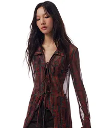 Retro Printed Long Mesh Cardigan With Women'S Design Sense, Semi Transparent Sun Protection, Unique Strap And Slim Fit Top