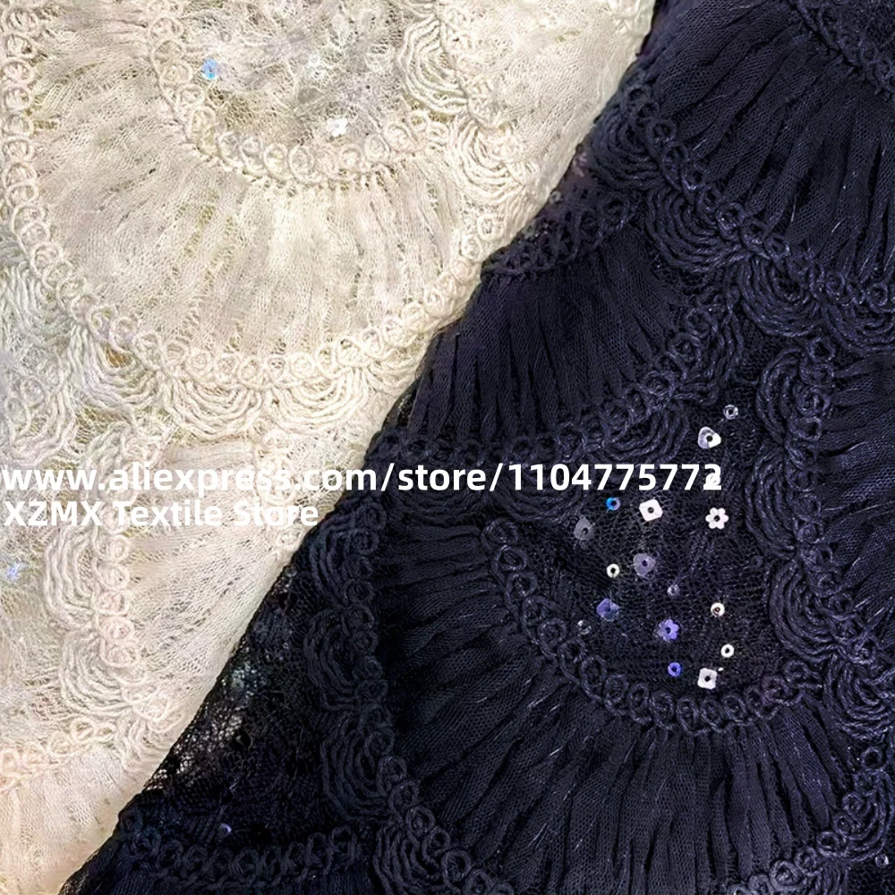Retro Geometric Circle Lace Mesh Fabric, Hand Crochet Ruffled Edge, Sparkle Sequin Embellishment, DIY Garment Material