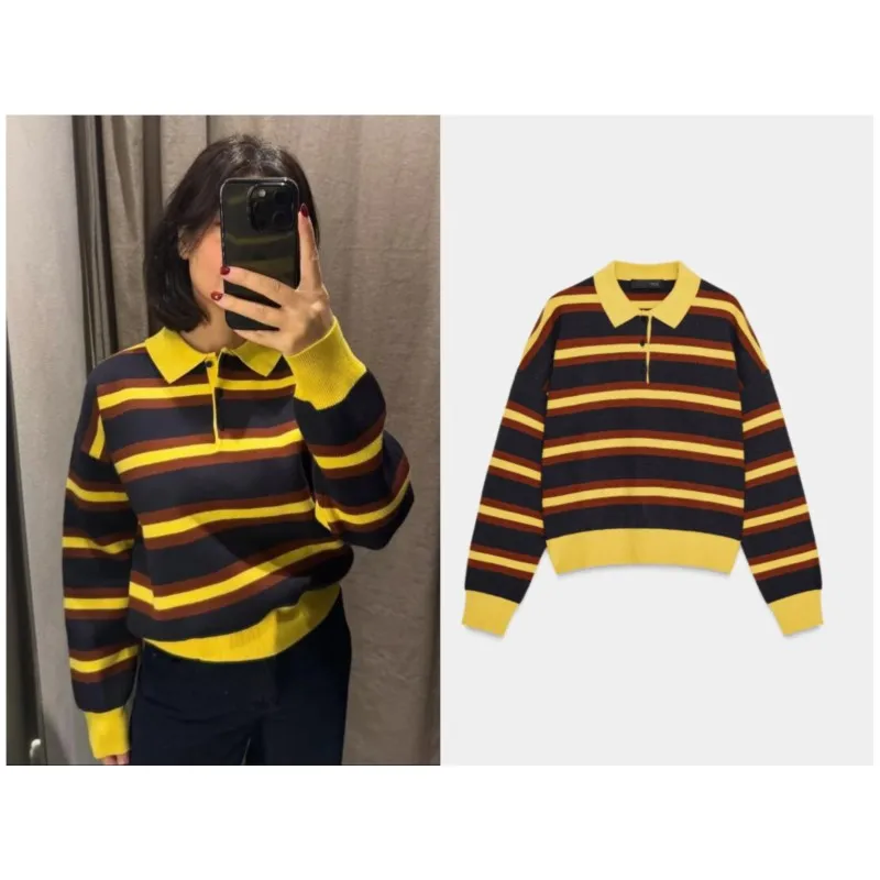 

Женский полосатый вязаный свитер, осенне-зимний модный повседневный пуловер с воротником-поло и длинными рукавами, винтажные женские шикарные топы