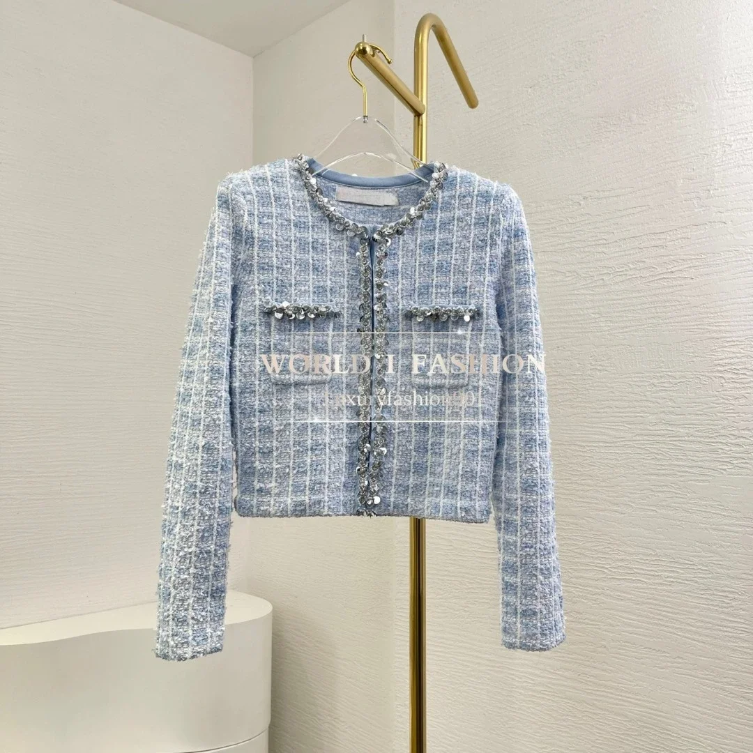 Beading Tweed Jacket Tops in Blue 2025 New Arrival Women's Long Sleeve