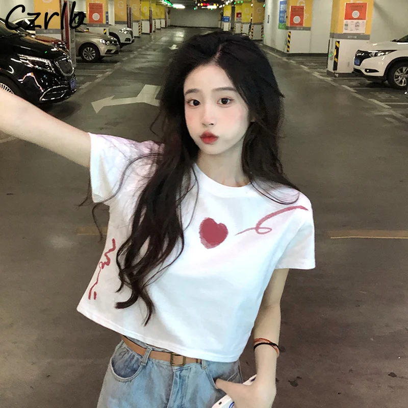 Tシャツ レディース 夏 ハート柄 ルーズ クロップトップス トレンディ レジャー シンプル 韓国風 スイート Футболка Женский 薄手 学生 若い
