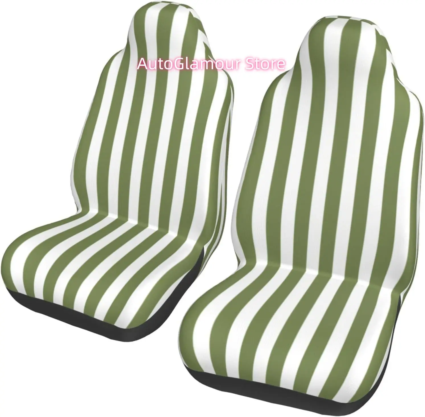 Olive Green and White Candy Stripes 2-Piece   Seat Cover Complete Set - Elastic Seat Protection Cover for Cars, Tru