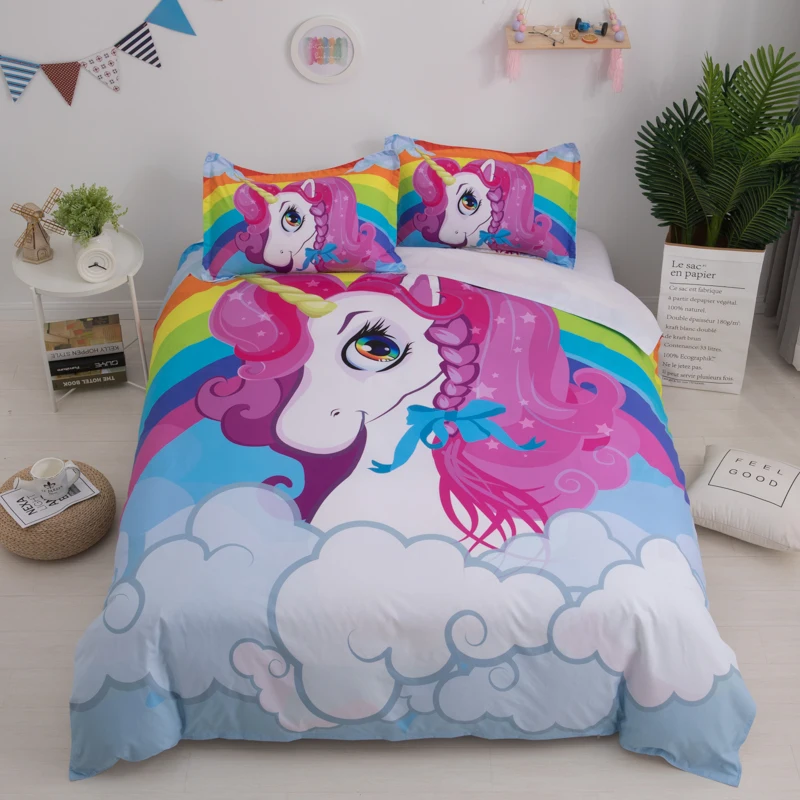 Featured Smile Unicorn Pink Princess Duvet Cover Set King Queen Full Twin Size Bed Linen Set