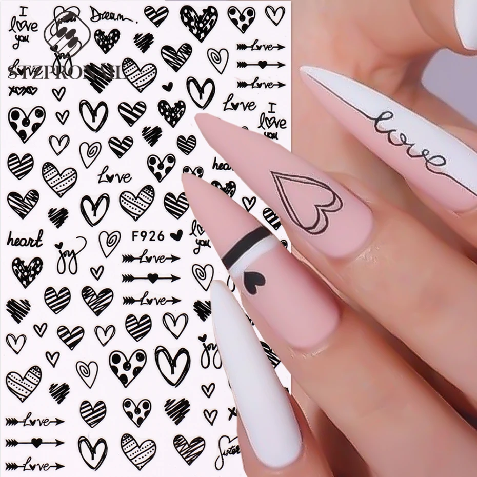 

Valentine Nail Stickers 3D Black White Love Heart English Character Lines Simple French Manicure Tips Nail Art Decoration SLF926