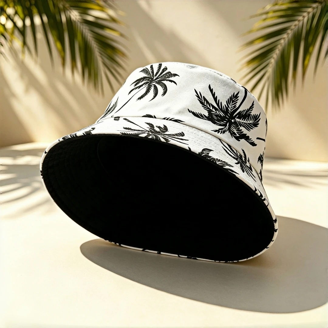 Black Palm Tree Print Bucket Hat for Men Women White Base Coconut Tree Fisherman Cap Lightweight Foldable Casual Sun Hat Summer