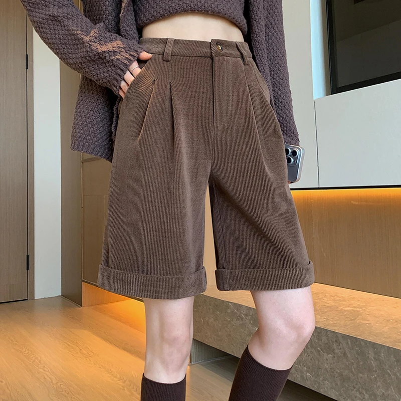 Coffee Loose Knee Length Corduroy Shorts For Woman High Waist Casual Autumn Winter Vintage Wide Leg Short Bermuda Pants Femme