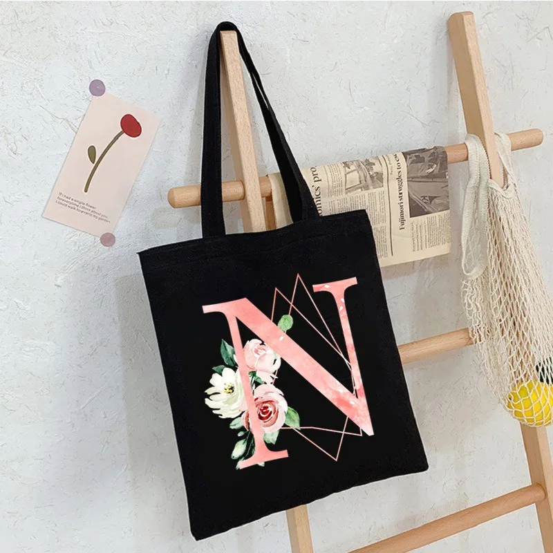 Vintage Aesthetic Shoulder Bag For Women Students Large Capacity Book Handbag Eco Friendly Black Floral Alphabet Canvas Tote Bag
