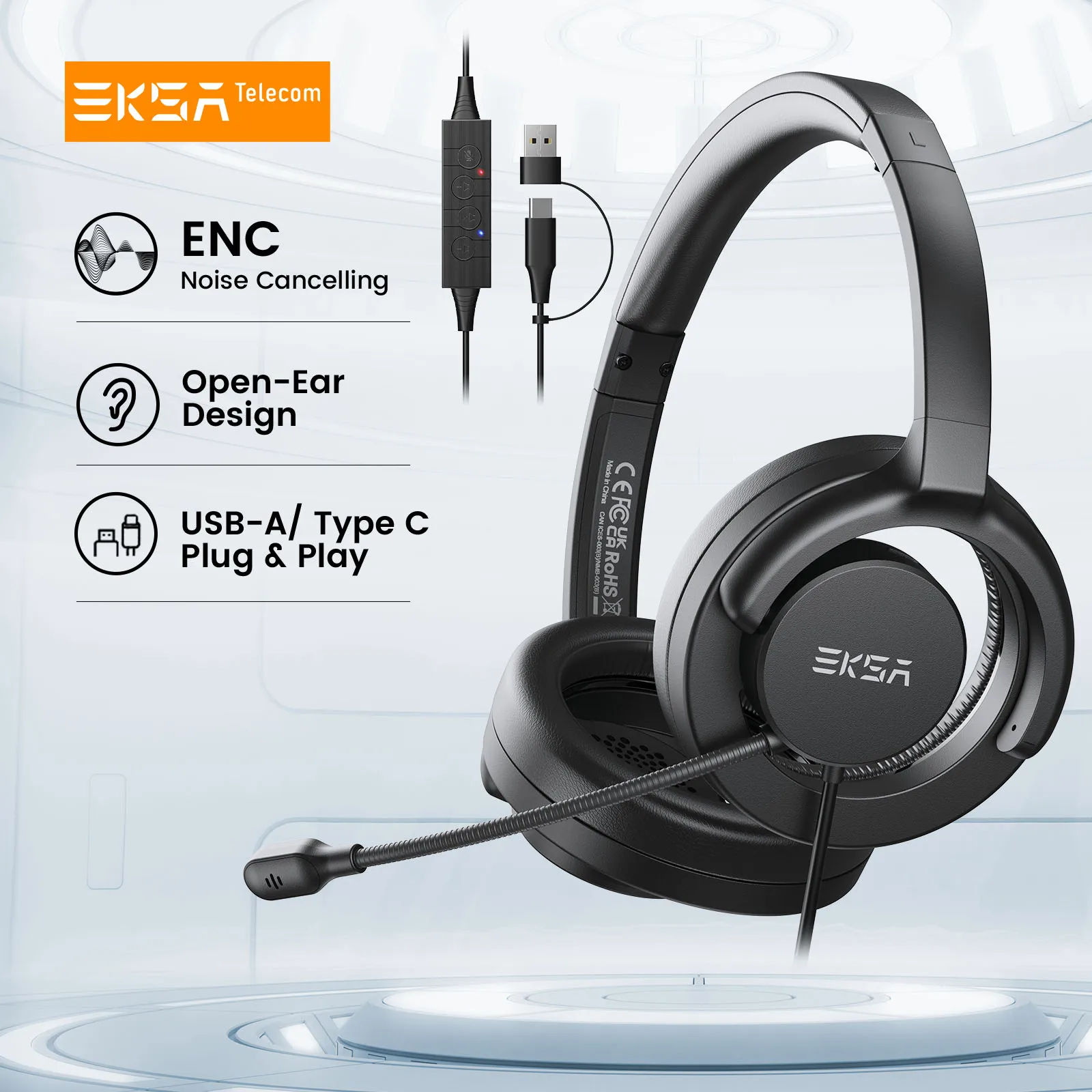 EKSA H27 Auriculares de oficina de oído abierto USB-A/Tipo C Auriculares con cable con micrófono con cancelación de ruido de llamada ENC para PC/teléfono