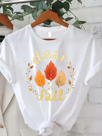 Comfortable Women's Print T-shirt "Dear Fall T-Shirt - Autumn Leaves & Deer Graphic Tee for Women"