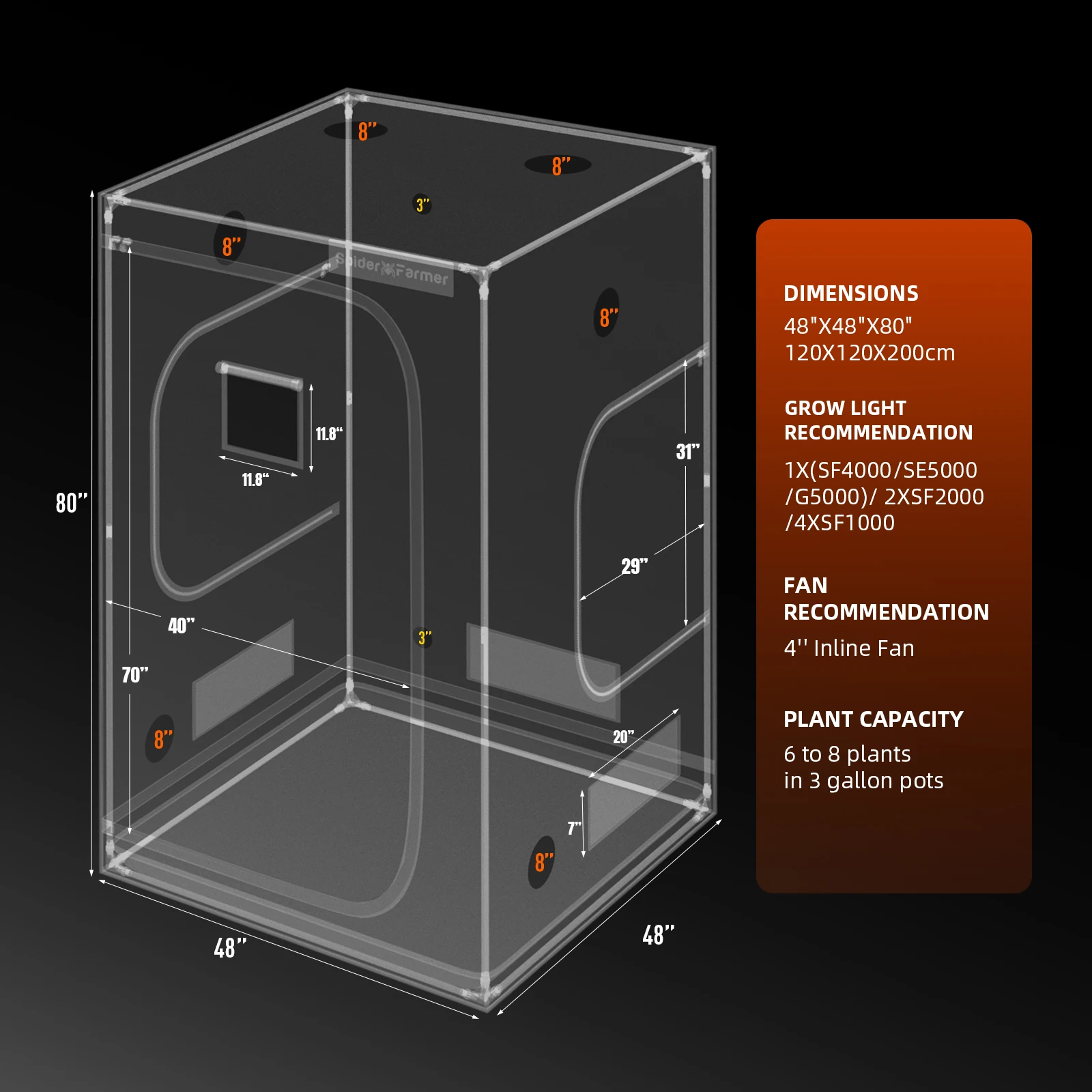 Spider Farmer 120cm X 120cm X 200cm Indoor Grow Tent 1680D Hydroponic Plant Room for Optimal Plant Growth & Climate