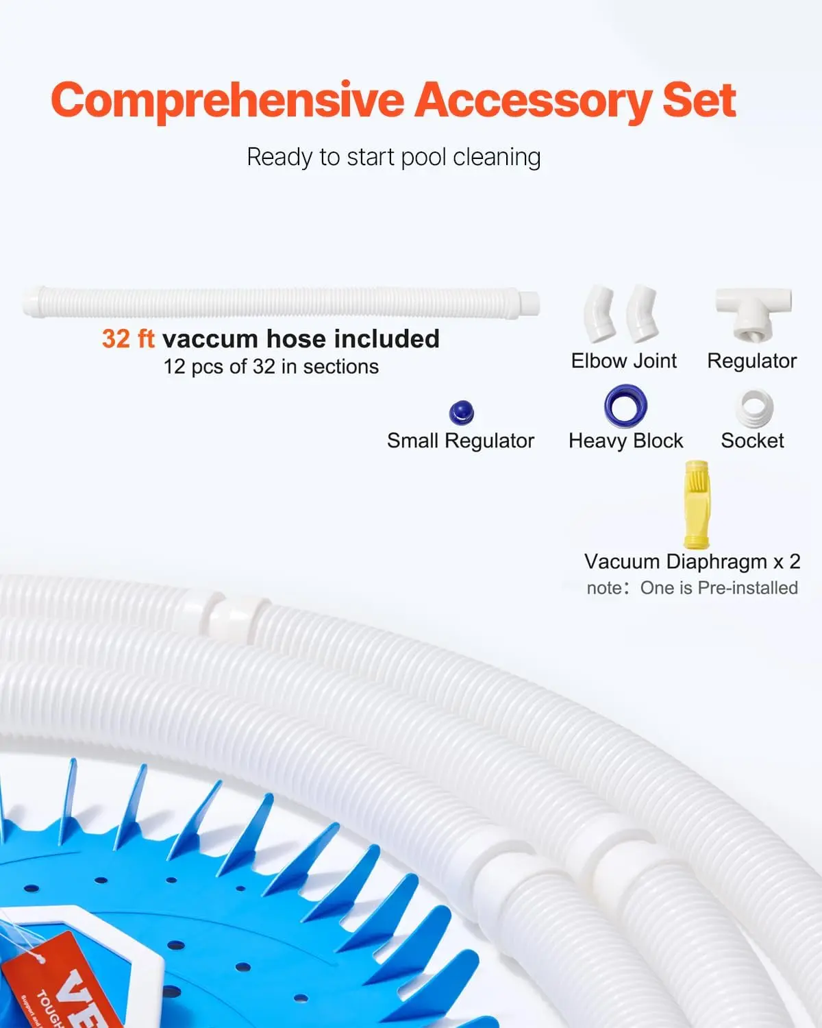 Suction Pool Cleaner, Automatic Pool Vacuum Cleaner with Extra Diaphragm, Suction Sweeper with 12 x 32 in Hoses & 36-FinCleaning